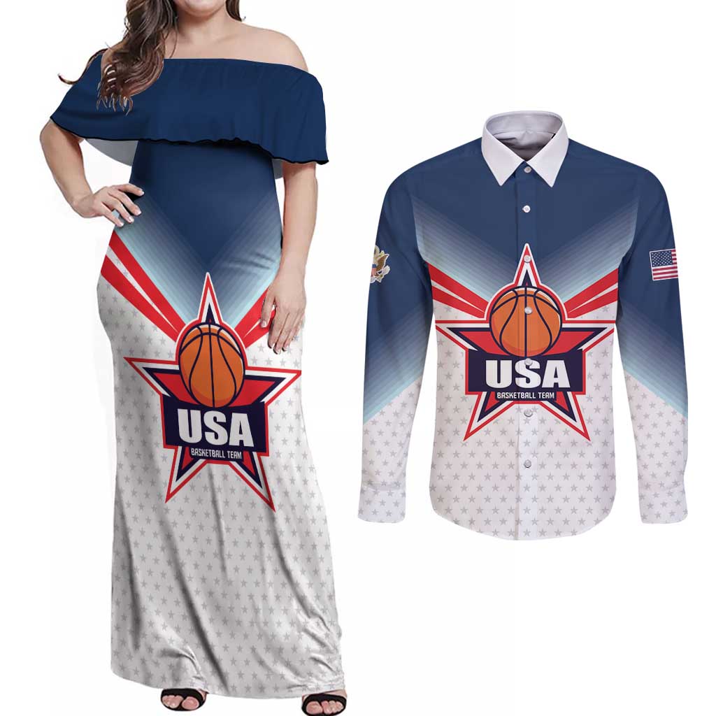 Custom USA Basketball Team Couples Matching Off Shoulder Maxi Dress and Long Sleeve Button Shirt Shine Like Stars