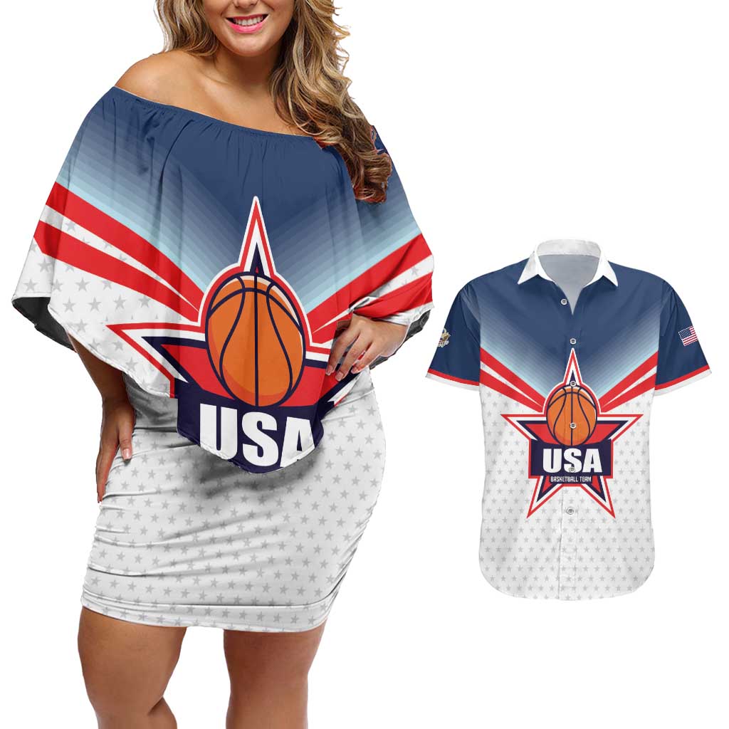 Custom USA Basketball Team Couples Matching Off Shoulder Short Dress and Hawaiian Shirt Shine Like Stars