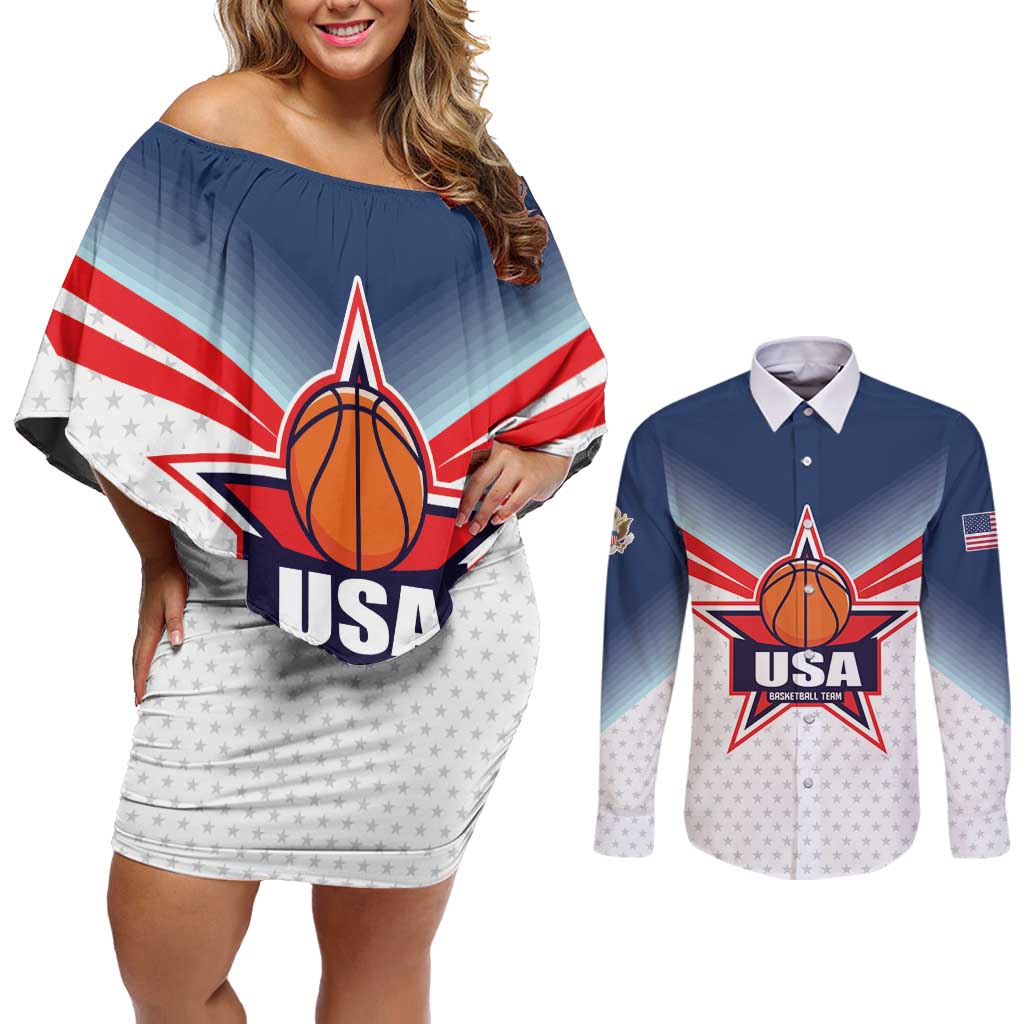 Custom USA Basketball Team Couples Matching Off Shoulder Short Dress and Long Sleeve Button Shirt Shine Like Stars