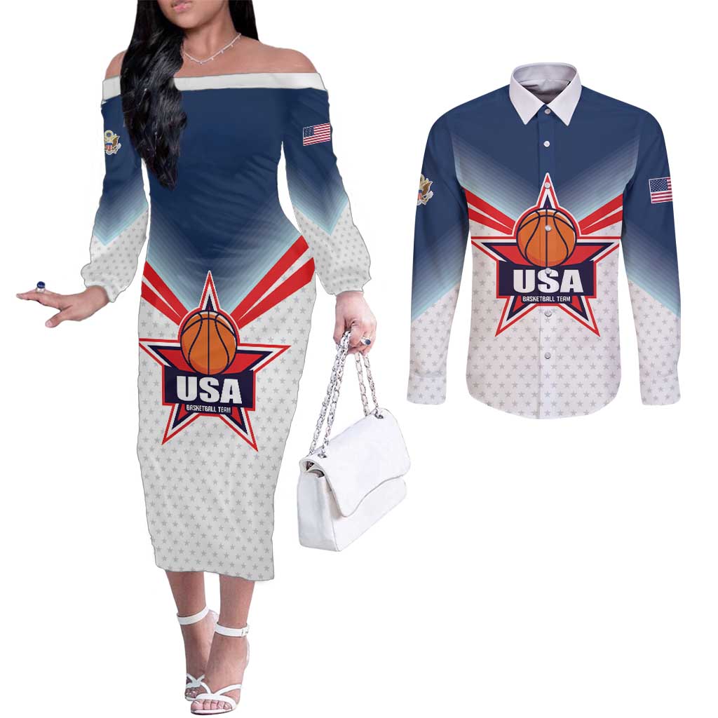 Custom USA Basketball Team Couples Matching Off The Shoulder Long Sleeve Dress and Long Sleeve Button Shirt Shine Like Stars