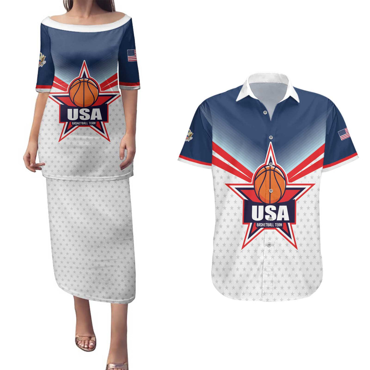 Custom USA Basketball Team Couples Matching Puletasi and Hawaiian Shirt Shine Like Stars