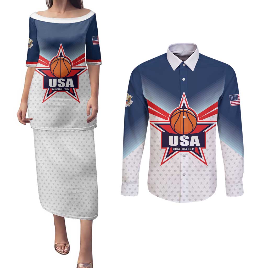 Custom USA Basketball Team Couples Matching Puletasi and Long Sleeve Button Shirt Shine Like Stars
