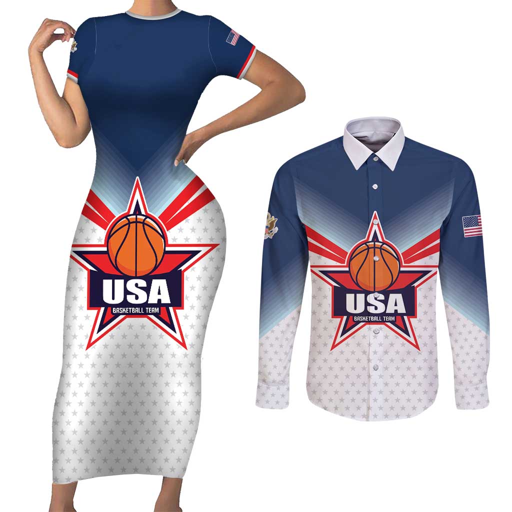 Custom USA Basketball Team Couples Matching Short Sleeve Bodycon Dress and Long Sleeve Button Shirt Shine Like Stars