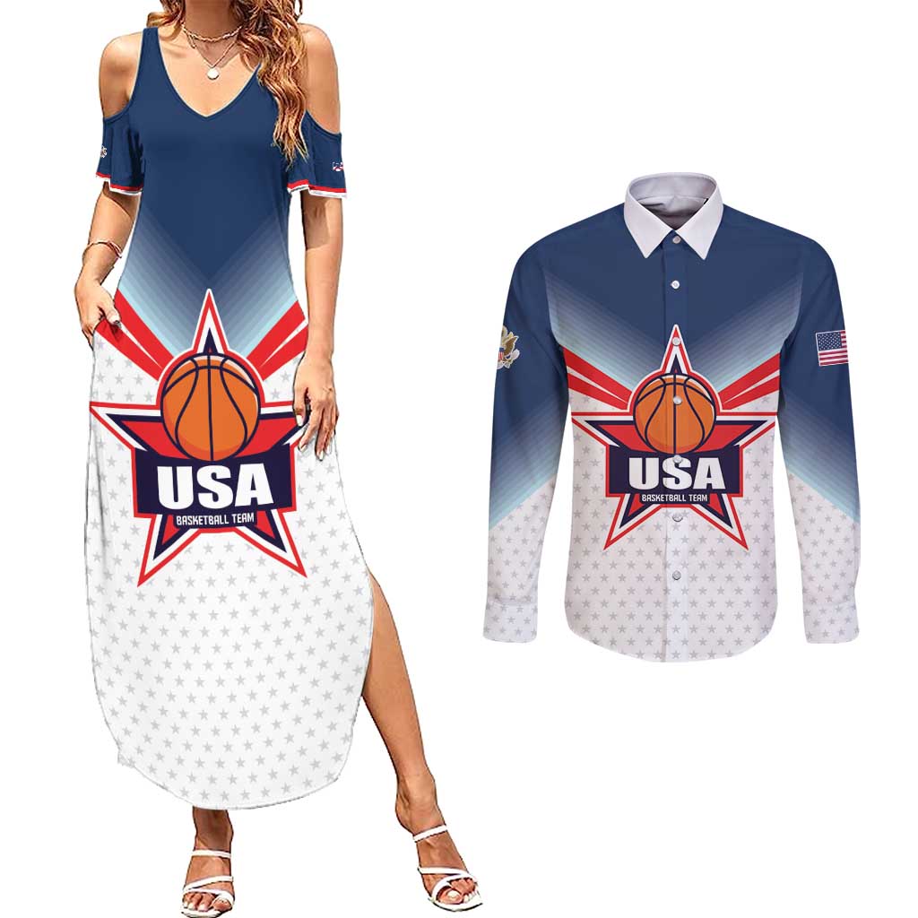 Custom USA Basketball Team Couples Matching Summer Maxi Dress and Long Sleeve Button Shirt Shine Like Stars