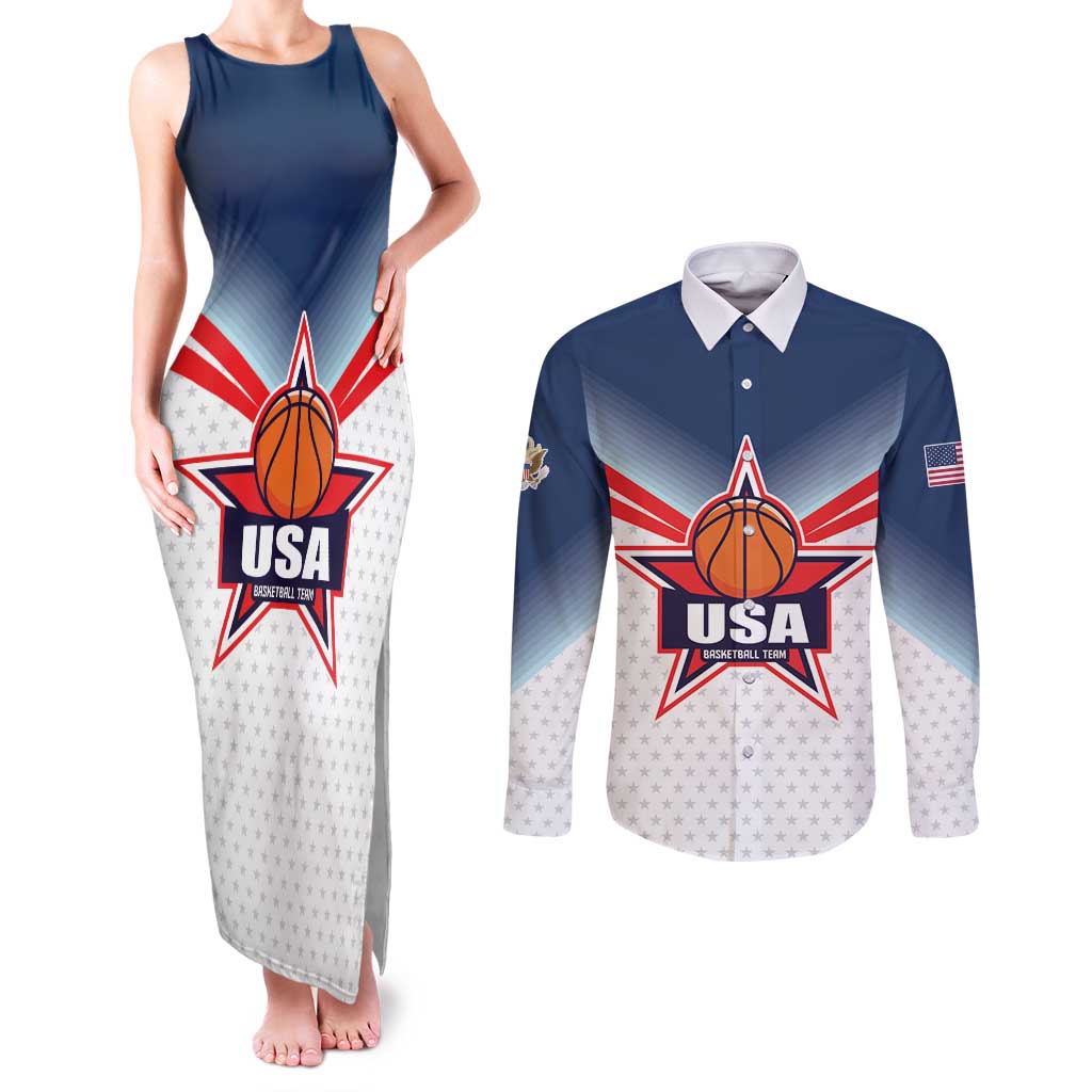 Custom USA Basketball Team Couples Matching Tank Maxi Dress and Long Sleeve Button Shirt Shine Like Stars