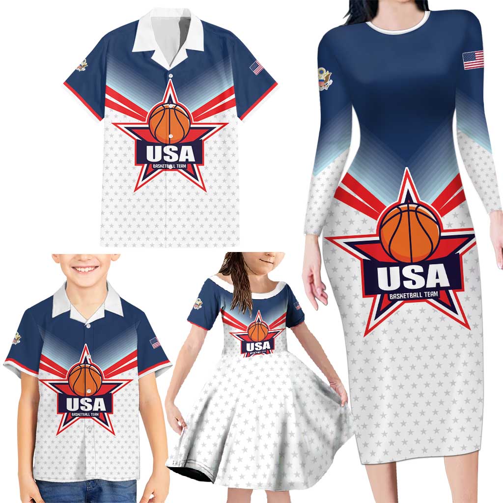 Custom USA Basketball Team Family Matching Long Sleeve Bodycon Dress and Hawaiian Shirt Shine Like Stars