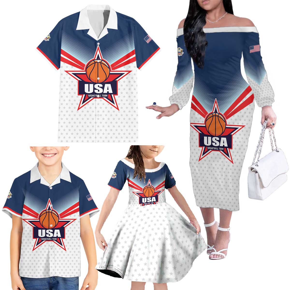 Custom USA Basketball Team Family Matching Off The Shoulder Long Sleeve Dress and Hawaiian Shirt Shine Like Stars