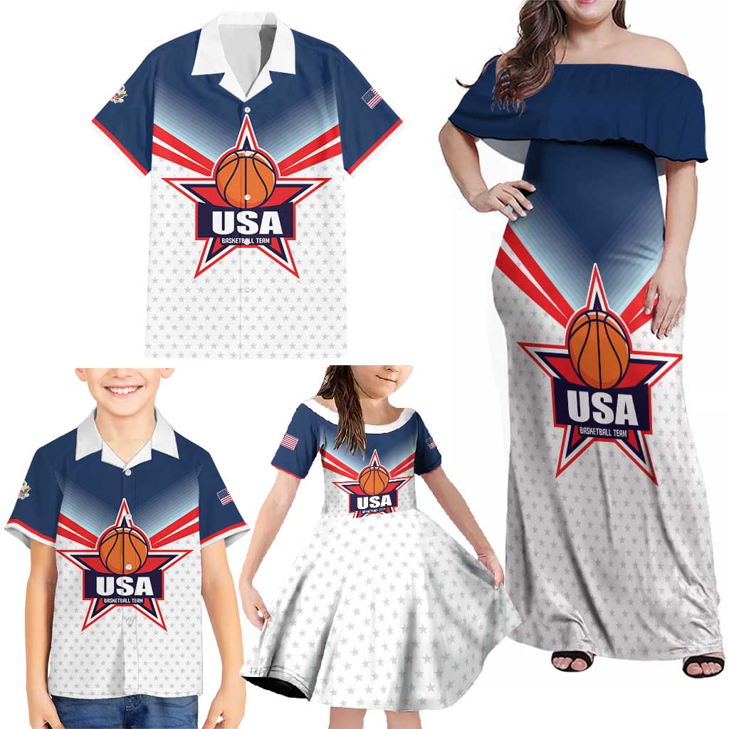Custom USA Basketball Team Family Matching Off Shoulder Maxi Dress and Hawaiian Shirt Shine Like Stars