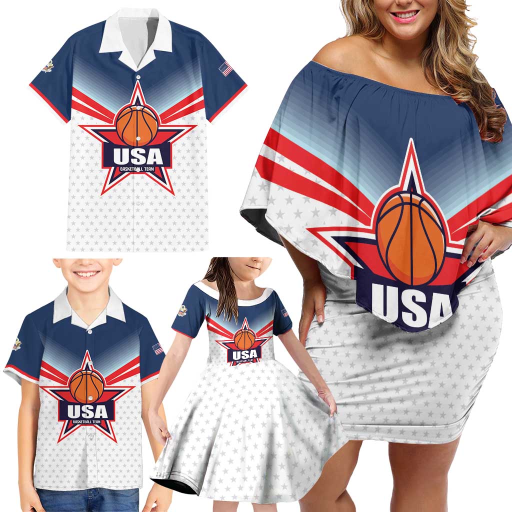 Custom USA Basketball Team Family Matching Off Shoulder Short Dress and Hawaiian Shirt Shine Like Stars