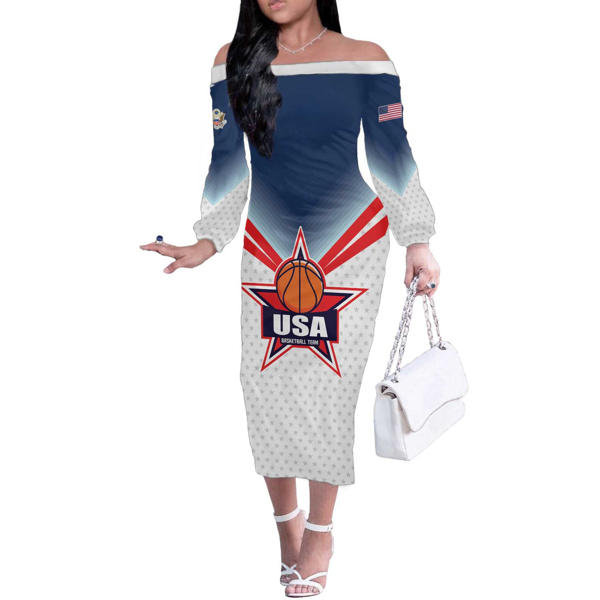 Custom USA Basketball Team Off The Shoulder Long Sleeve Dress Shine Like Stars