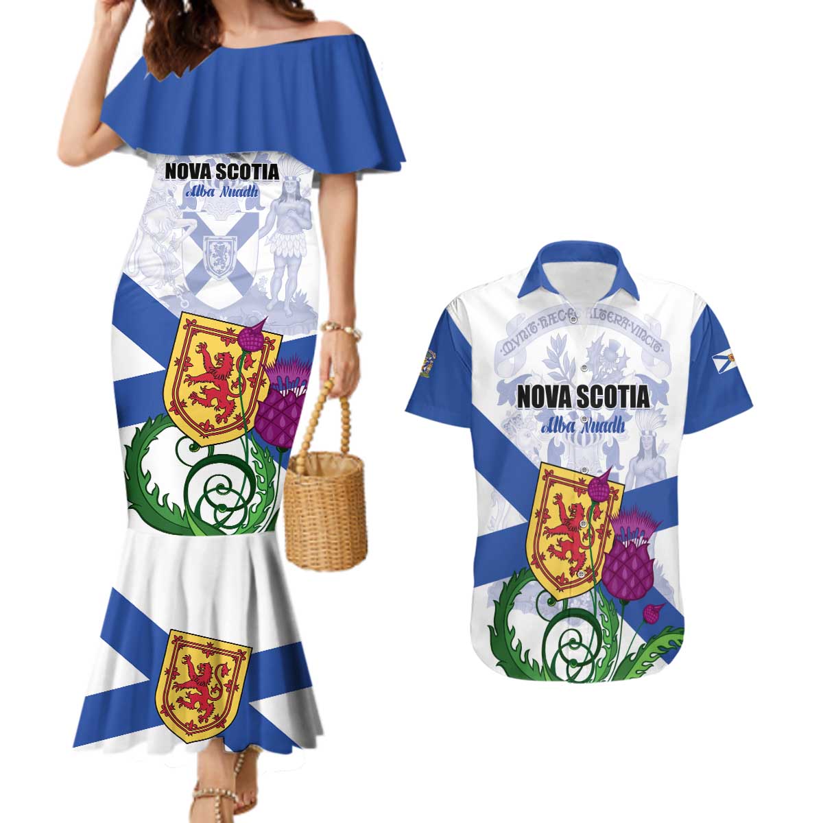 Personalized Canada Nova Scotia Province Couples Matching Mermaid Dress and Hawaiian Shirt One Defends and The Other Conquers