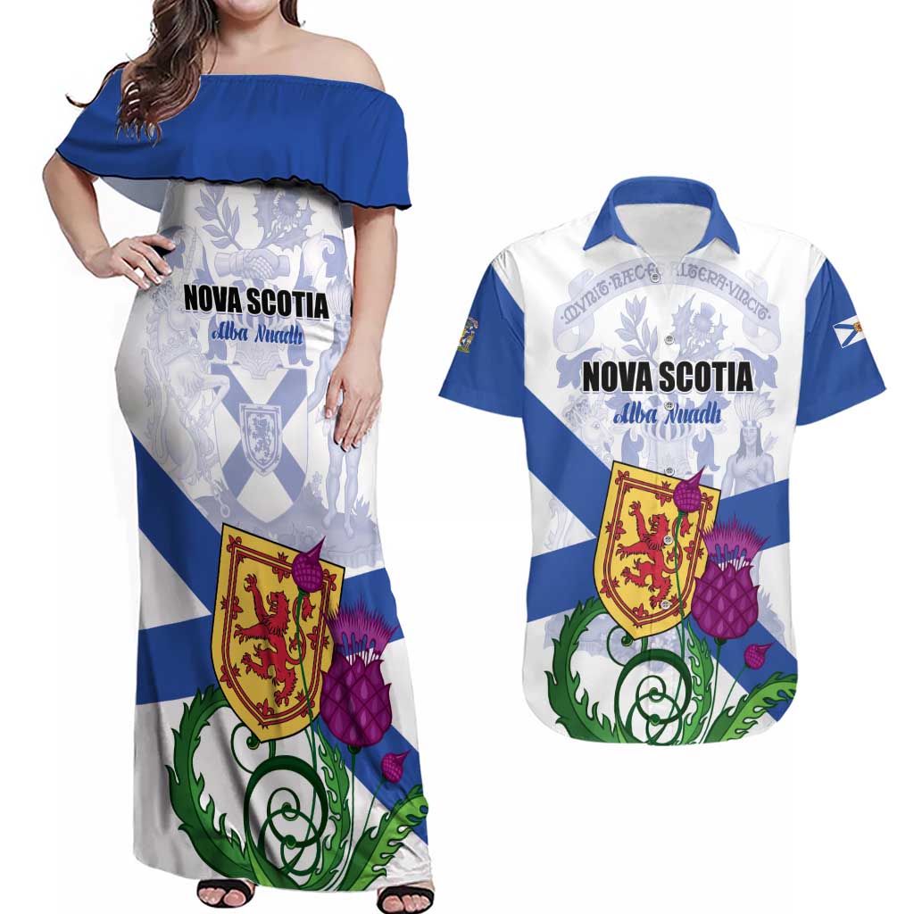 Personalized Canada Nova Scotia Province Couples Matching Off Shoulder Maxi Dress and Hawaiian Shirt One Defends and The Other Conquers