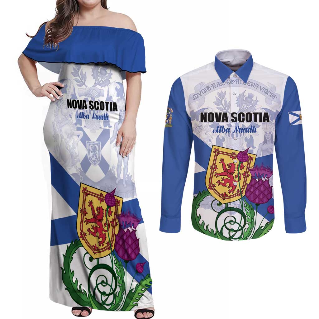 Personalized Canada Nova Scotia Province Couples Matching Off Shoulder Maxi Dress and Long Sleeve Button Shirt One Defends and The Other Conquers