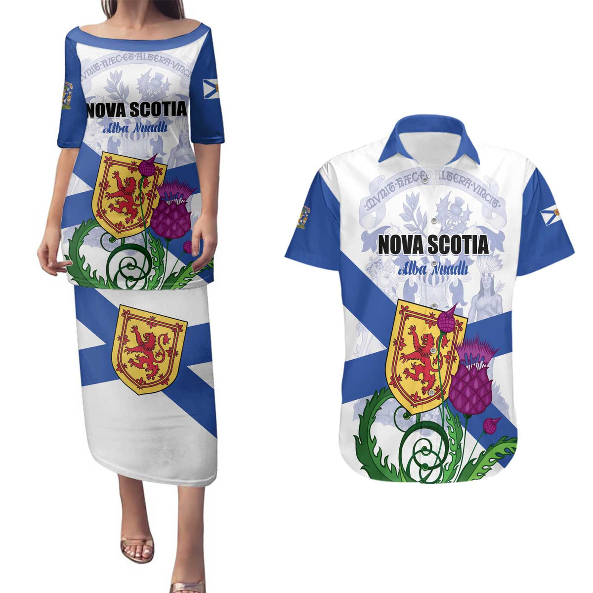 Personalized Canada Nova Scotia Province Couples Matching Puletasi and Hawaiian Shirt One Defends and The Other Conquers