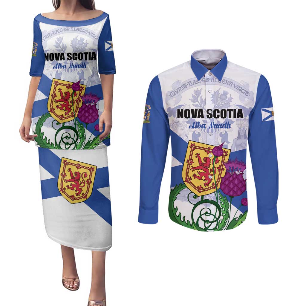 Personalized Canada Nova Scotia Province Couples Matching Puletasi and Long Sleeve Button Shirt One Defends and The Other Conquers