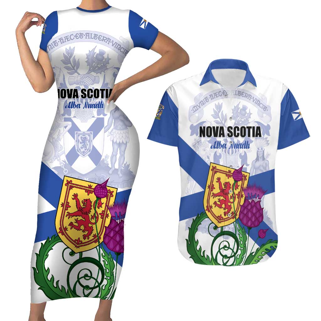 Personalized Canada Nova Scotia Province Couples Matching Short Sleeve Bodycon Dress and Hawaiian Shirt One Defends and The Other Conquers