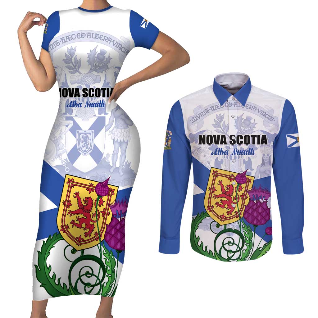 Personalized Canada Nova Scotia Province Couples Matching Short Sleeve Bodycon Dress and Long Sleeve Button Shirt One Defends and The Other Conquers