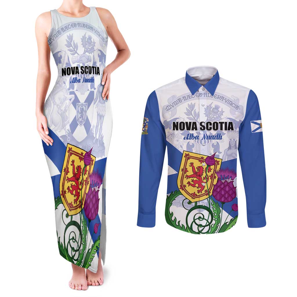 Personalized Canada Nova Scotia Province Couples Matching Tank Maxi Dress and Long Sleeve Button Shirt One Defends and The Other Conquers