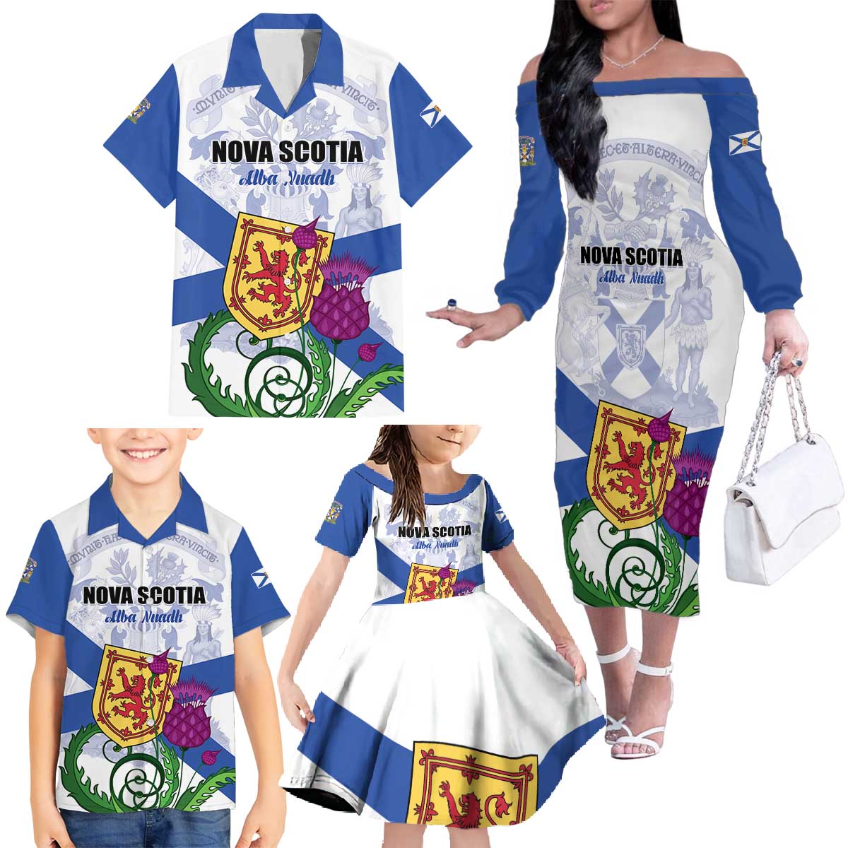 Personalized Canada Nova Scotia Province Family Matching Off The Shoulder Long Sleeve Dress and Hawaiian Shirt One Defends and The Other Conquers