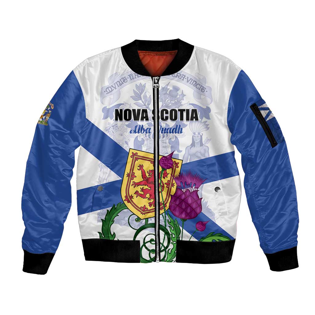 Personalized Canada Nova Scotia Province Sleeve Zip Bomber Jacket One Defends and The Other Conquers