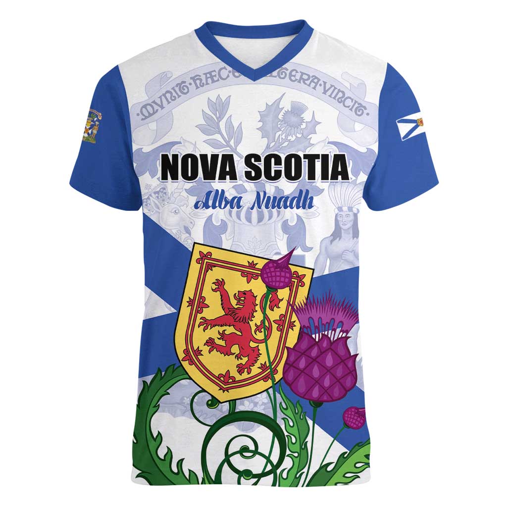 Personalized Canada Nova Scotia Province Women V-Neck T-Shirt One Defends and The Other Conquers