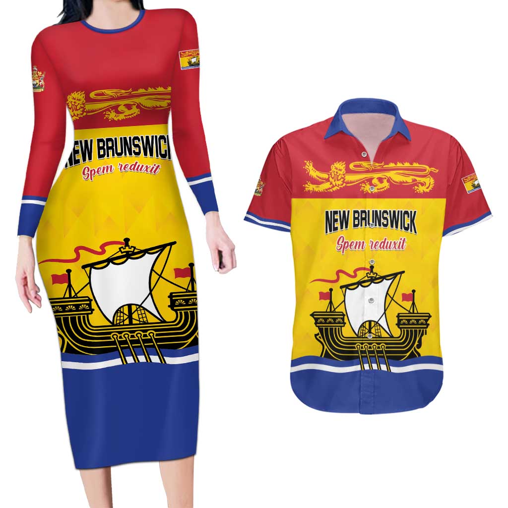 Personalized Canada New Brunswick Province Couples Matching Long Sleeve Bodycon Dress and Hawaiian Shirt Golden Lion Lymphad