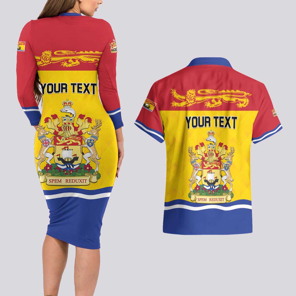 Personalized Canada New Brunswick Province Couples Matching Long Sleeve Bodycon Dress and Hawaiian Shirt Golden Lion Lymphad