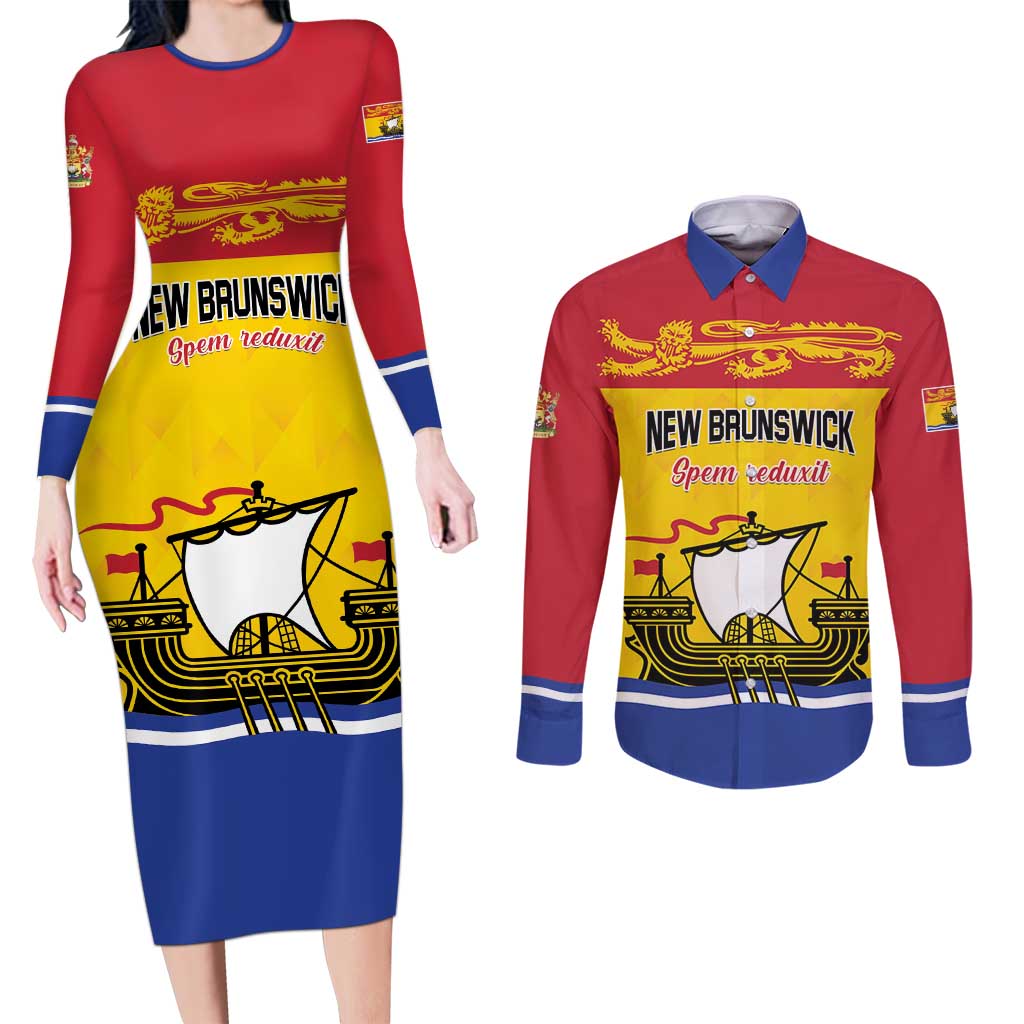 Personalized Canada New Brunswick Province Couples Matching Long Sleeve Bodycon Dress and Long Sleeve Button Shirt Golden Lion Lymphad