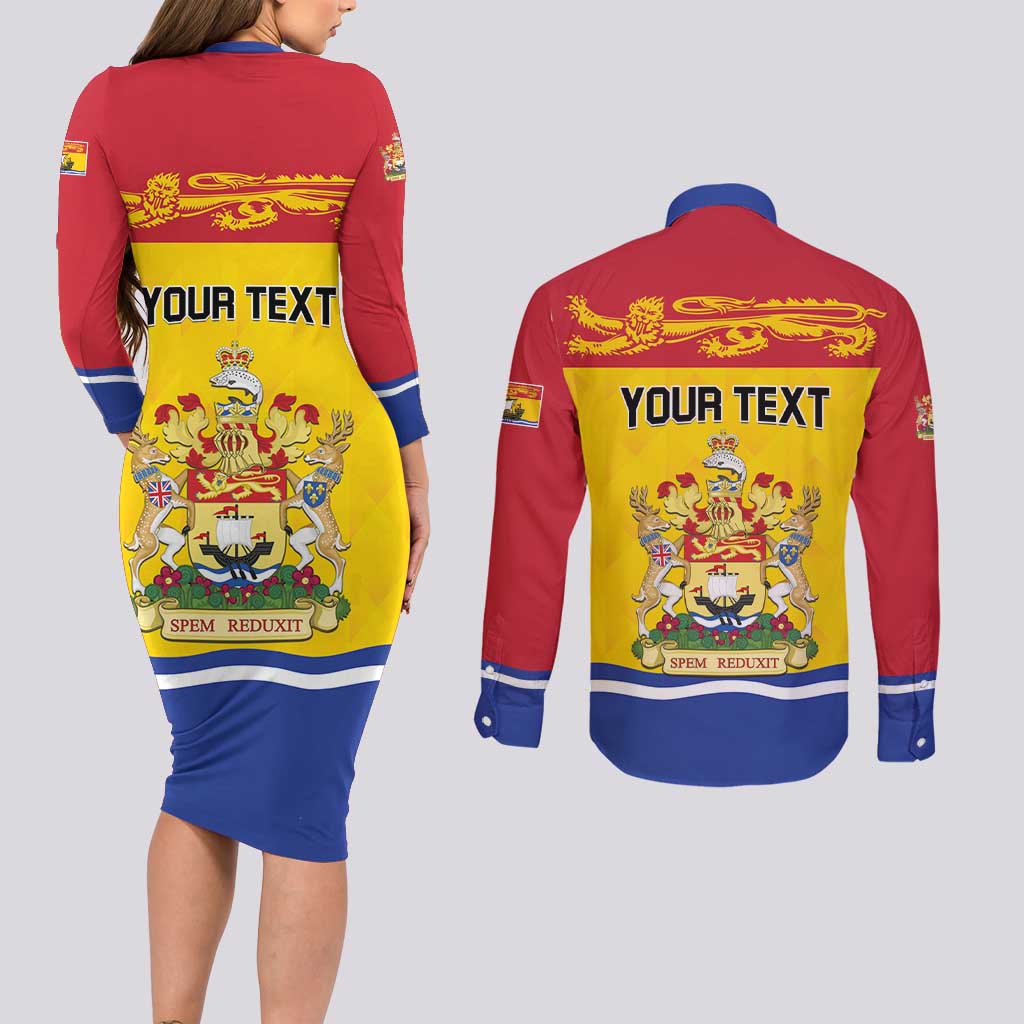 Personalized Canada New Brunswick Province Couples Matching Long Sleeve Bodycon Dress and Long Sleeve Button Shirt Golden Lion Lymphad