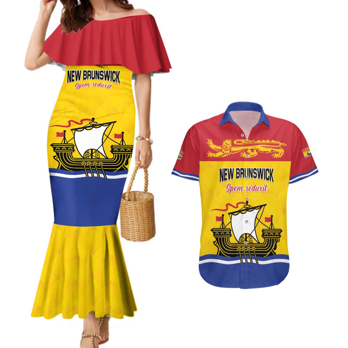 Personalized Canada New Brunswick Province Couples Matching Mermaid Dress and Hawaiian Shirt Golden Lion Lymphad