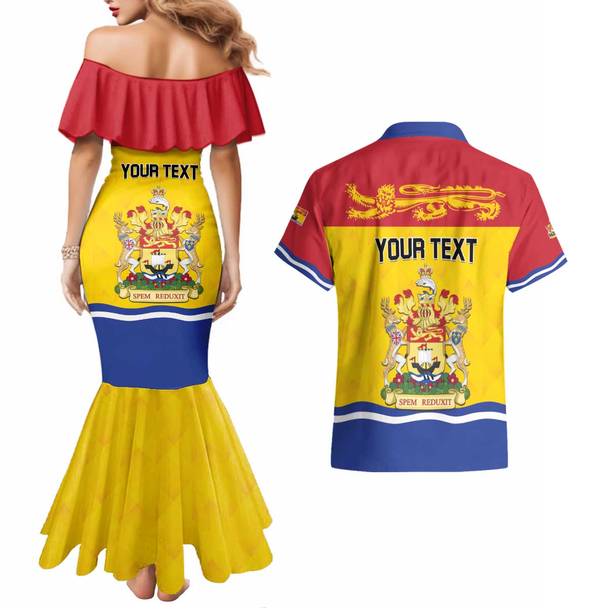 Personalized Canada New Brunswick Province Couples Matching Mermaid Dress and Hawaiian Shirt Golden Lion Lymphad