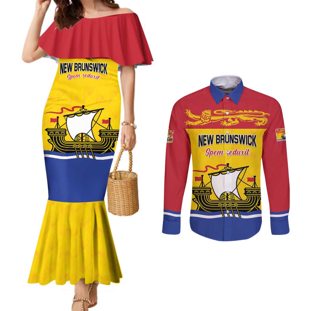 Personalized Canada New Brunswick Province Couples Matching Mermaid Dress and Long Sleeve Button Shirt Golden Lion Lymphad