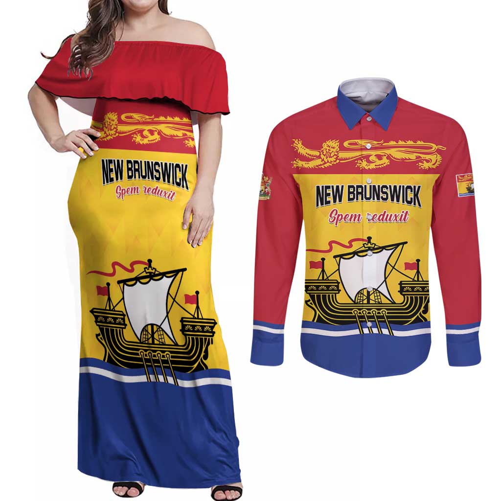 Personalized Canada New Brunswick Province Couples Matching Off Shoulder Maxi Dress and Long Sleeve Button Shirt Golden Lion Lymphad