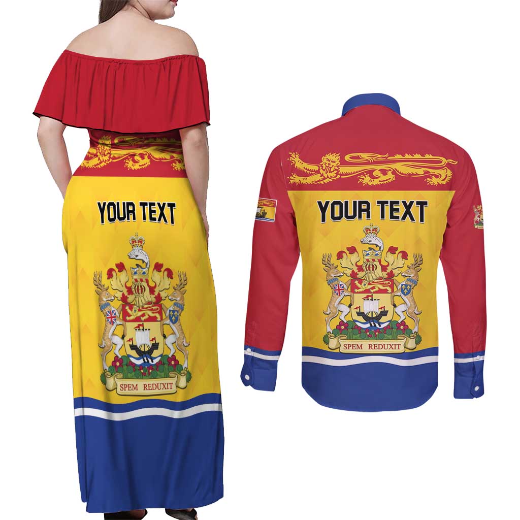 Personalized Canada New Brunswick Province Couples Matching Off Shoulder Maxi Dress and Long Sleeve Button Shirt Golden Lion Lymphad