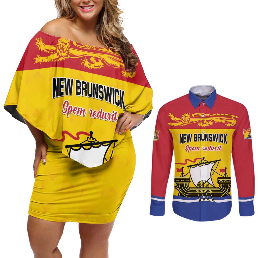 Personalized Canada New Brunswick Province Couples Matching Off Shoulder Short Dress and Long Sleeve Button Shirt Golden Lion Lymphad