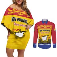 Personalized Canada New Brunswick Province Couples Matching Off Shoulder Short Dress and Long Sleeve Button Shirt Golden Lion Lymphad