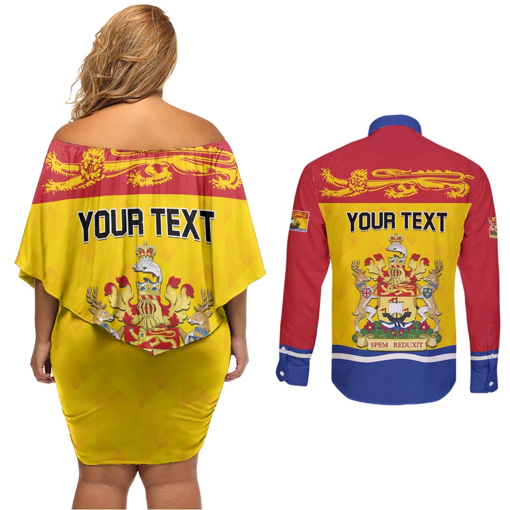 Personalized Canada New Brunswick Province Couples Matching Off Shoulder Short Dress and Long Sleeve Button Shirt Golden Lion Lymphad