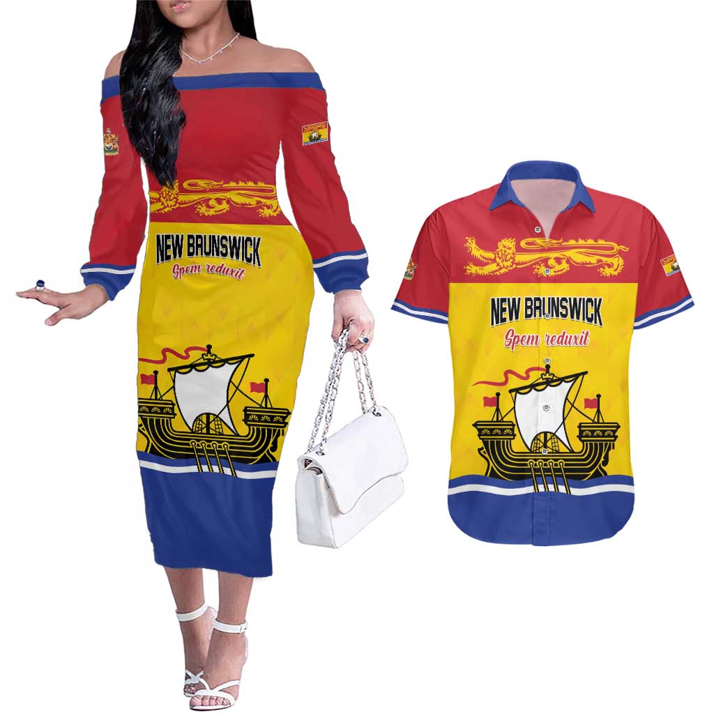 Personalized Canada New Brunswick Province Couples Matching Off The Shoulder Long Sleeve Dress and Hawaiian Shirt Golden Lion Lymphad