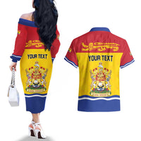 Personalized Canada New Brunswick Province Couples Matching Off The Shoulder Long Sleeve Dress and Hawaiian Shirt Golden Lion Lymphad