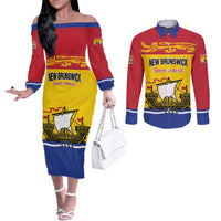 Personalized Canada New Brunswick Province Couples Matching Off The Shoulder Long Sleeve Dress and Long Sleeve Button Shirt Golden Lion Lymphad