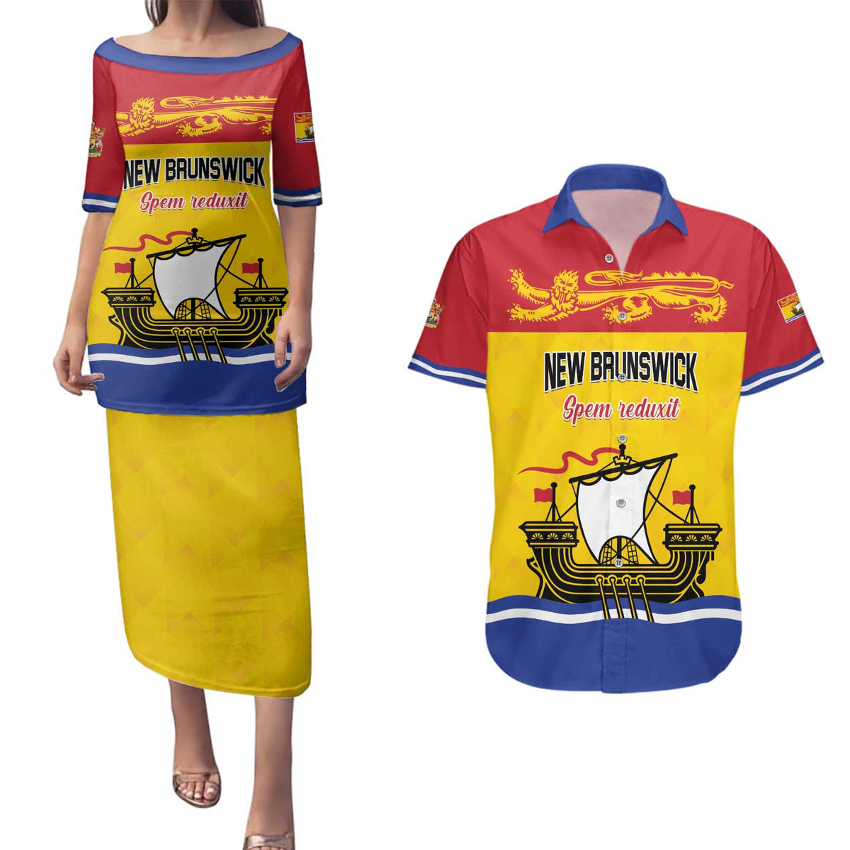 Personalized Canada New Brunswick Province Couples Matching Puletasi and Hawaiian Shirt Golden Lion Lymphad