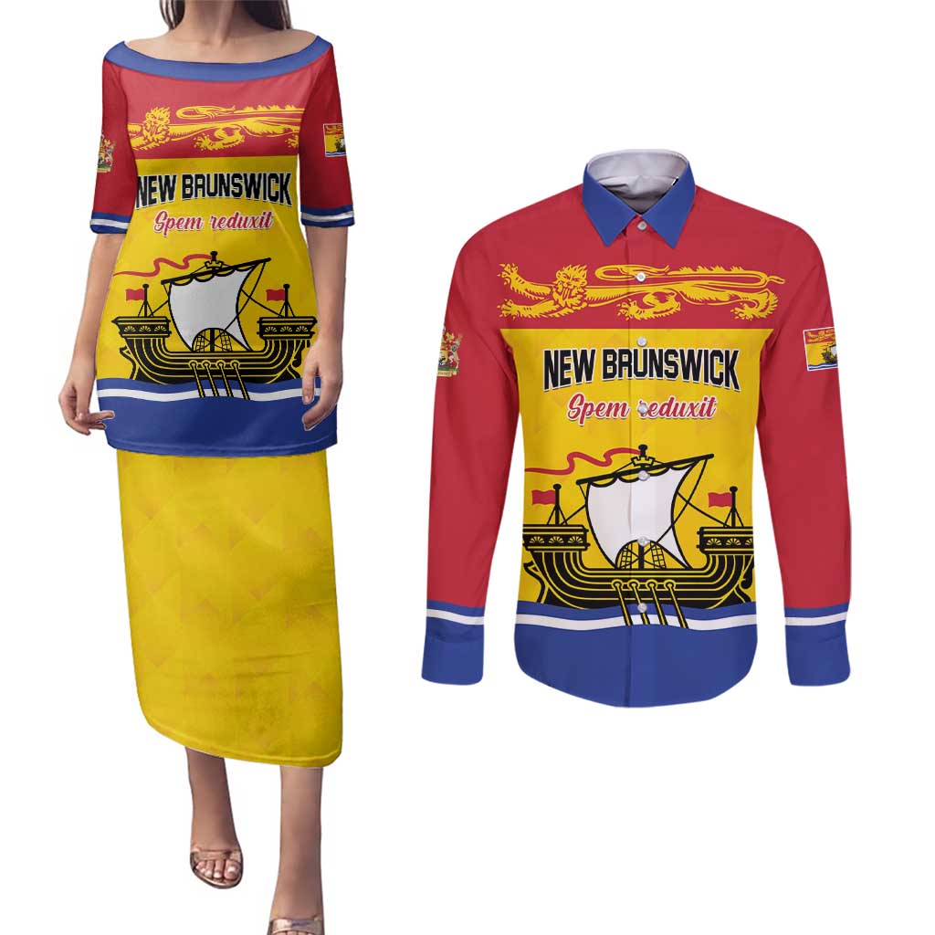 Personalized Canada New Brunswick Province Couples Matching Puletasi and Long Sleeve Button Shirt Golden Lion Lymphad