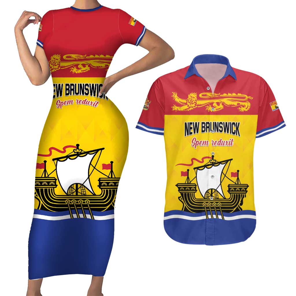 Personalized Canada New Brunswick Province Couples Matching Short Sleeve Bodycon Dress and Hawaiian Shirt Golden Lion Lymphad