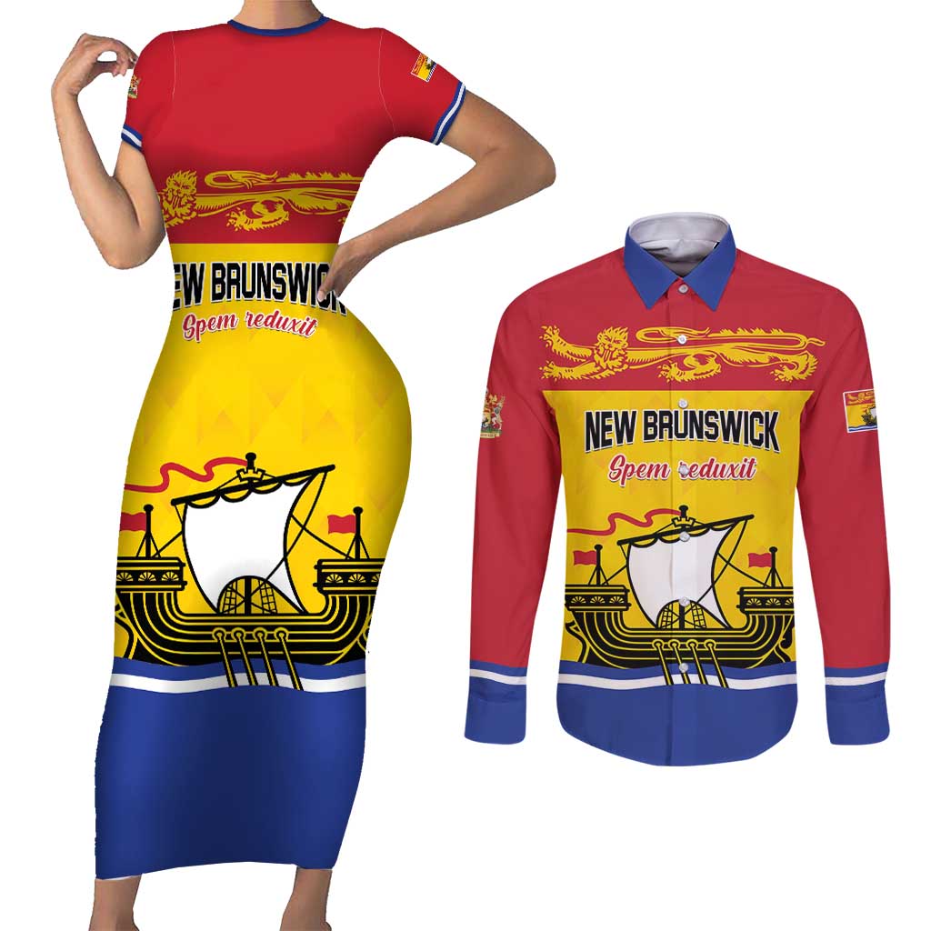 Personalized Canada New Brunswick Province Couples Matching Short Sleeve Bodycon Dress and Long Sleeve Button Shirt Golden Lion Lymphad