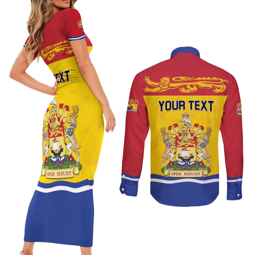 Personalized Canada New Brunswick Province Couples Matching Short Sleeve Bodycon Dress and Long Sleeve Button Shirt Golden Lion Lymphad