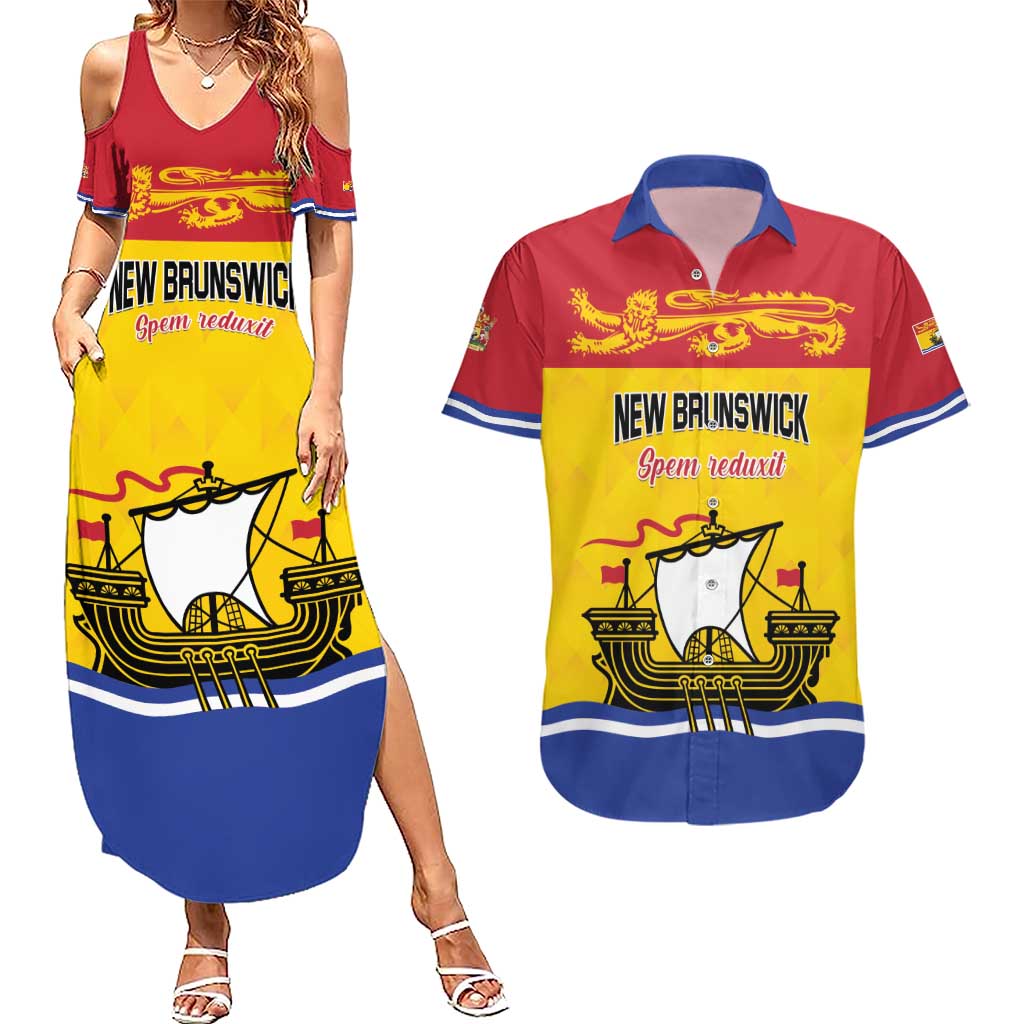 Personalized Canada New Brunswick Province Couples Matching Summer Maxi Dress and Hawaiian Shirt Golden Lion Lymphad