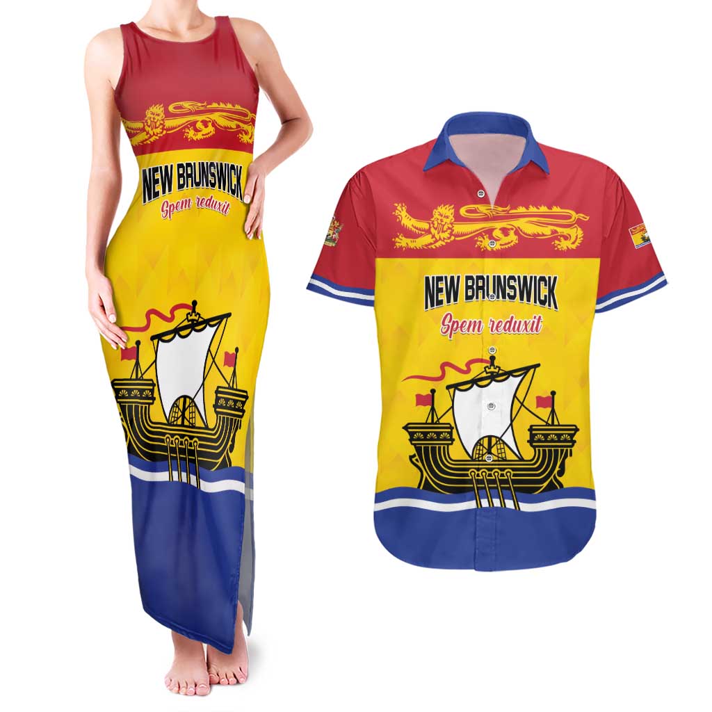 Personalized Canada New Brunswick Province Couples Matching Tank Maxi Dress and Hawaiian Shirt Golden Lion Lymphad