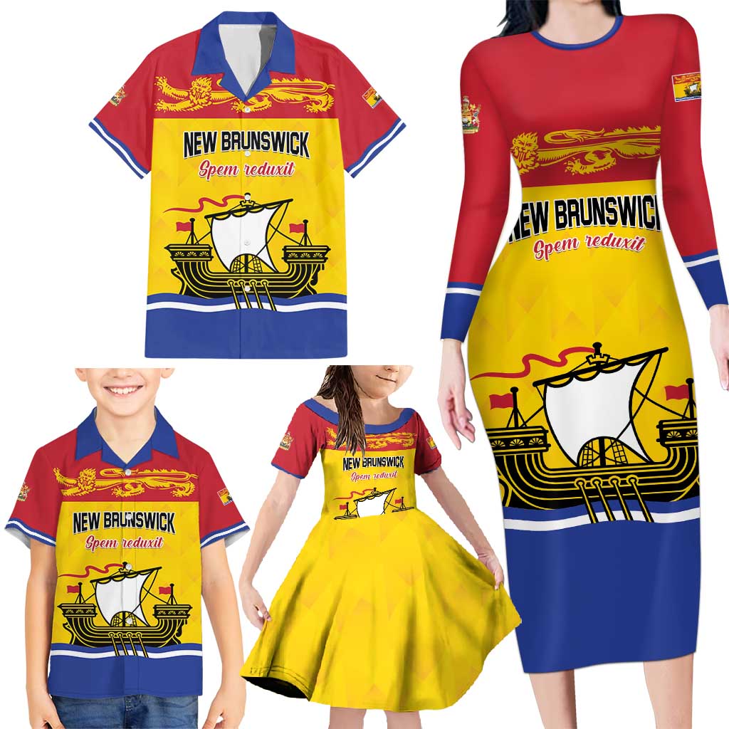 Personalized Canada New Brunswick Province Family Matching Long Sleeve Bodycon Dress and Hawaiian Shirt Golden Lion Lymphad