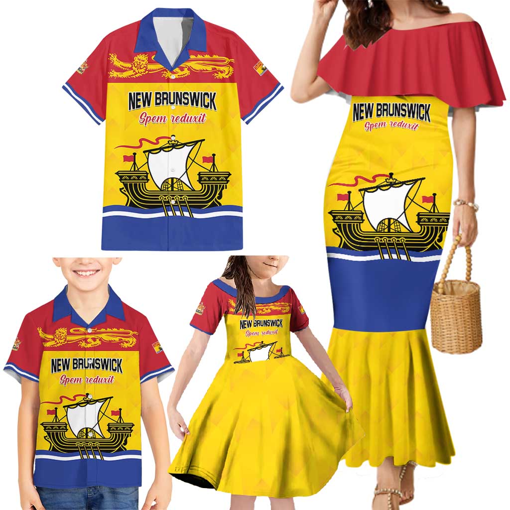 Personalized Canada New Brunswick Province Family Matching Mermaid Dress and Hawaiian Shirt Golden Lion Lymphad