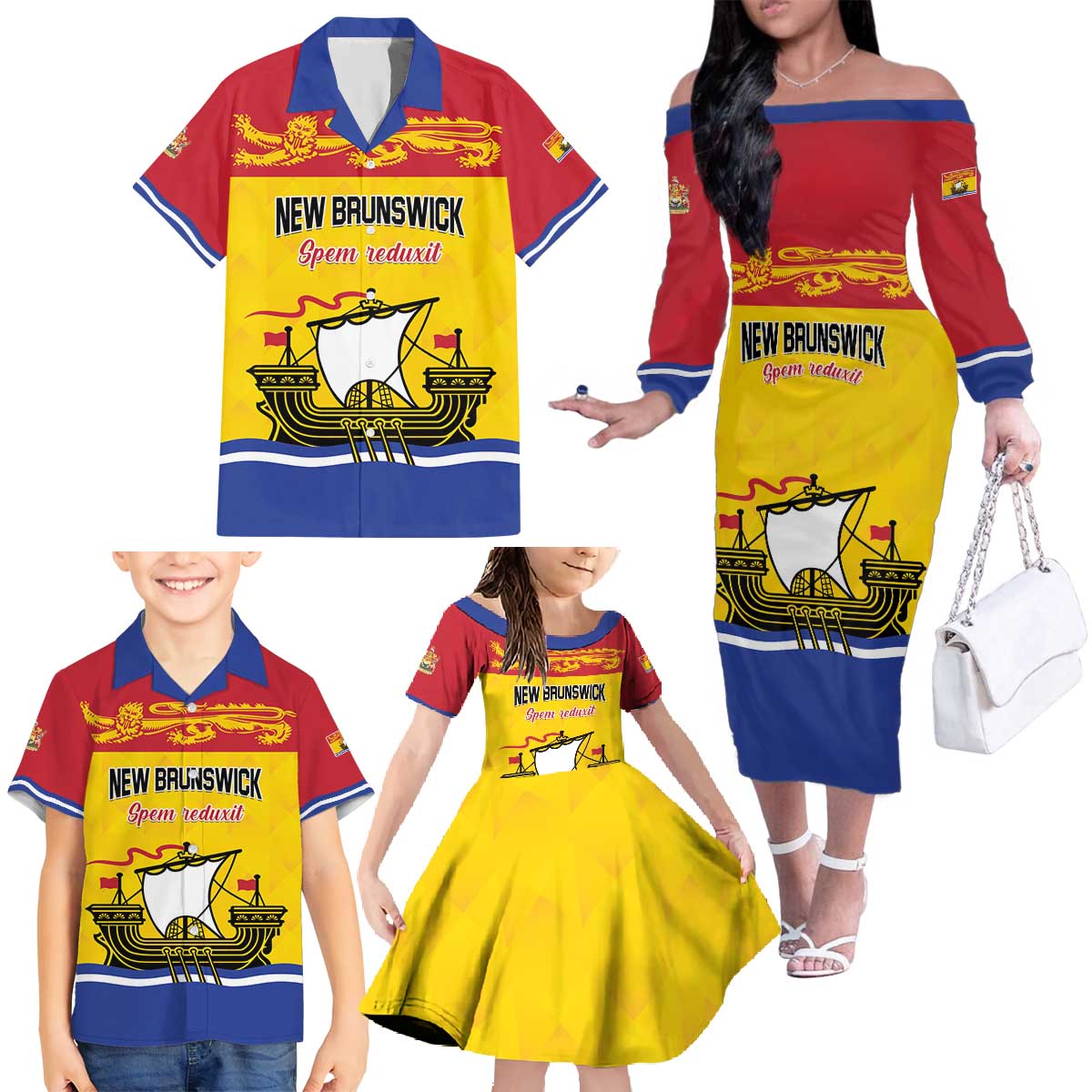 Personalized Canada New Brunswick Province Family Matching Off The Shoulder Long Sleeve Dress and Hawaiian Shirt Golden Lion Lymphad